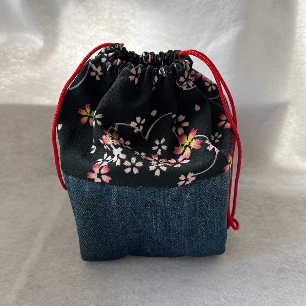 CHERRY BLOSSOM Drawstring Cosmetic Bag Denim Blue Pink Sakura - Picture 4 of 10